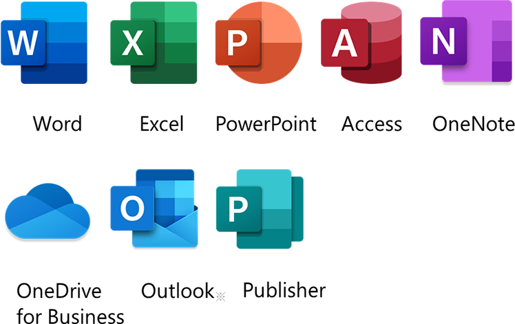 Word Excel PowerPoint Access One Note OneDrive for Business Outlook* Teams* Publisher